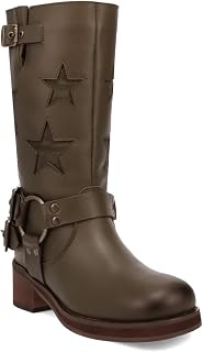 Dingo Womens Blacklist Tooled Inlay Round Toe Pull On Motorcycle Casual Boots Mid Calf Mid Heel 2-3"
