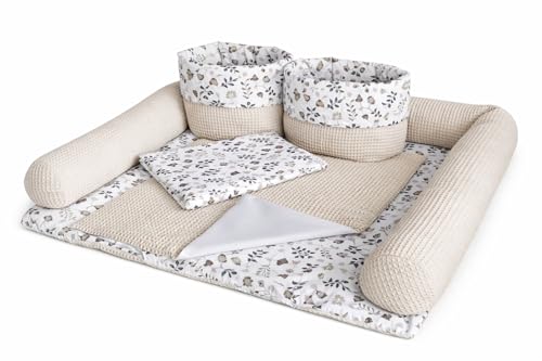 Wickelauflage Set 6-teilig Wickelunterlage aus Baumwolle & Waffelstoff Baby Wickelauflage Geschenk zur Babyparty Wickeltischauflage 75x75 cm (Breite x Tiefe) Zweige und hellbeige