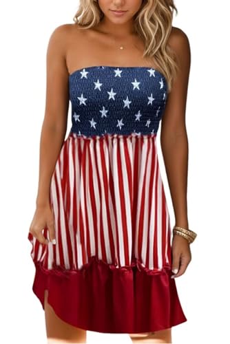 Image of AIMITAG American Flag Smocked Strapless Mini Dress Womens Flag Stars Vertical Striped Ruffled Tube Top Dress Beach Sundress