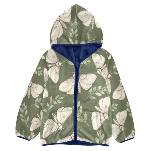 Butterfly and Leaves on Green Toddler Fleece Jacket Girl Boys Hooded Fleece Jacket Coat Warm Outwear Zip-up 3-10T