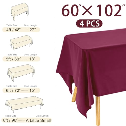 Image of 4 Pack Rectangle Tablecloth 60x102 Inch Burgundy Washable Polyester Table Cover for Wedding Dining Table Buffet Parties Banquet Decoration(Burgundy)