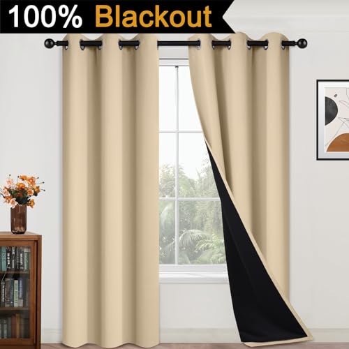 Image of Yakamok Black 100% Blackout Curtains 84 Inches Long for Bedroom 42 inch Wide | Blackout Curtain Panels for Bedroom, 2 Thick Layers Grommet Top Thermal Insulated Drapes with Black Liner for Living Room