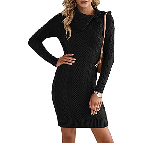 AlvaQ Womens Winter Knitted Dress Long Jumper Turtule Neck Diagonal Button Sweater Dresses Long Sleeves Bodycon Cable Knit Thick Mini Sweater Casual Tunic Pullover Knitwear,Black UK 14-16 Cover