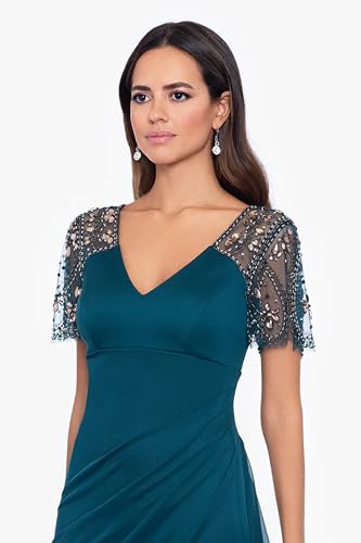 Image of Xscape Floor Length Jersey Knit Evening Gown with V-Neckline, Beaded Flutter Sleeves and Ruched Draping