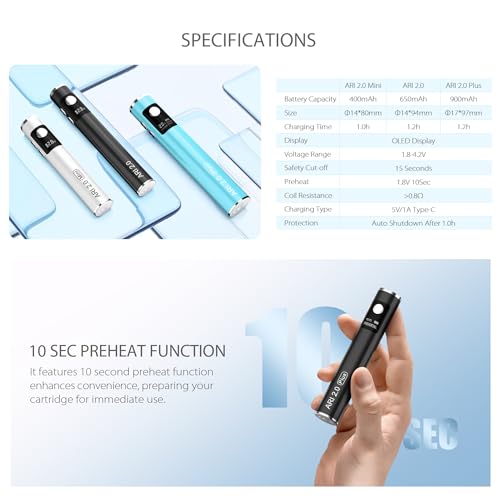 Ari 2.0 510 Threaded Vape Pen Battery, Alloy Body Design, 650mAh Battery, Variable Voltage Settings, Pre-Heat Setting (No Nicotine) - Image 2