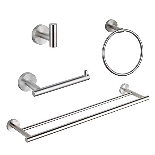 GERZ Bathroom 4-Piece Accessory Set Brushed SUS 304 Stainless Steel Double Towel Bar Toilet Paper Holder Towel Ring Robe Hook Wall Mount