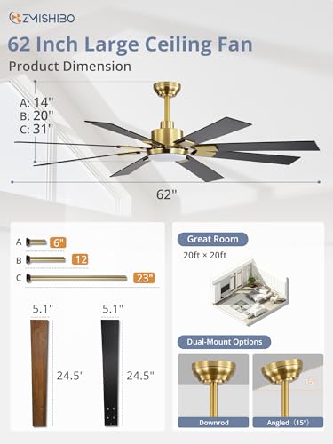 Image of ZMISHIBO 62 Inch Black and Gold Ceiling Fans with Lights and Remote, Indoor /Outdoor Ceiling Fan for Patio Living Room, 6 Speed Reversible Quiet DC Motor, 3 CCT, Dual Finish Blades