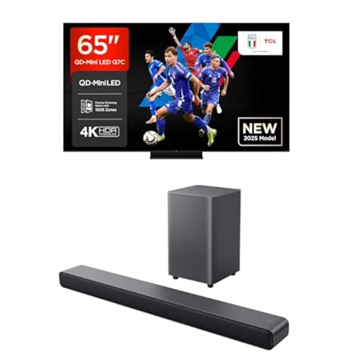 TCL Bundle of 65Q7C 65” QLED TV 4K QD-Mini LED, HDR Premium 2000, Google TV Sound Bar S55H Nero 40W