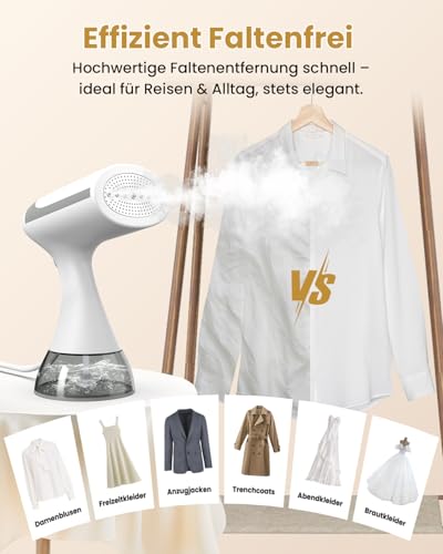 Steamer Dampfglätter Reise 15s Schnelles Aufheizen, 1500 W 25 g/min Tragbarer Dampfbügler Handgerät, Klein Leicht Clothes Steamer für Zuhause Büro, 300 ml Wassertank & Abschaltautomatik (Weiß)