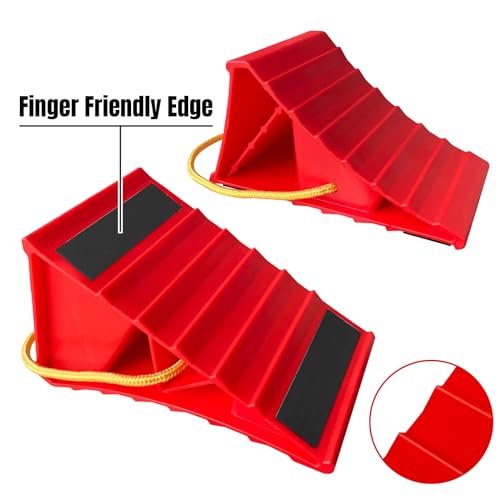 Image of HOXWELL 2 Pair Wheel Chocks for Travel Trailers, Non Slip Heavy Duty Red Wheel Chock with Rope, Lightweight Wheel Stoppers for Cars Campers Trucks RVs, Easy to Carry & Suitable for Most Tyre Sizes