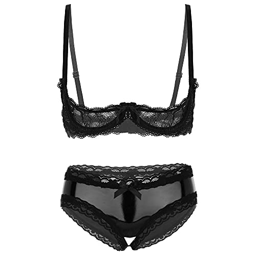 Lingerie sexy dentelle et culotte brillante ajourée crotchless pour femmes