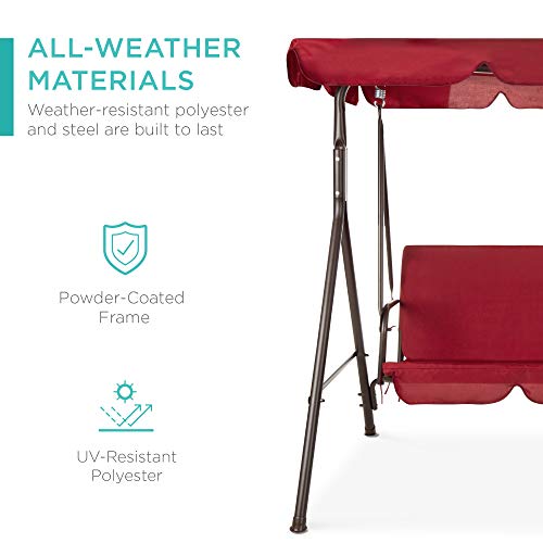 Best Choice Products 2-Person Outdoor Patio Swing Chair, Hanging Glider Porch Bench For Garden, Poolside, Backyard W/Convertible Canopy, Adjustable Shade, Removable Cushions - Burgundy #TOP3