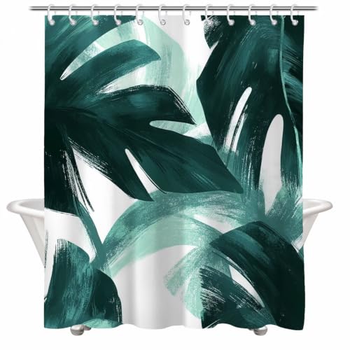 Rideau de douche vert et blanc 120x200 cm en polyester imperméable avec 12 crochets