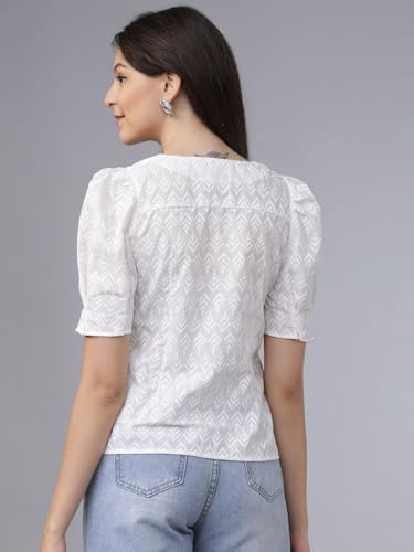Image of Tokyo Talkies Women's Short Sleeves V-Neck Embroidered Tops| Stylish Casual wear