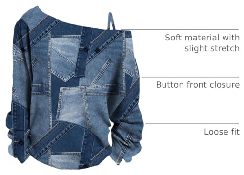 Image of RoseSeek Women's Cold Off Shoulder Denim Print T Shirt Long Sleeve Loose Graphic Tee Tops