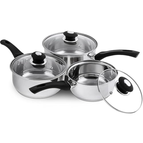 Supreme Vision SS2501 3pc Stainless Sauce pan Set with Glass Lids, Stainlees Steel, 41 x 27 x 5.5 cm