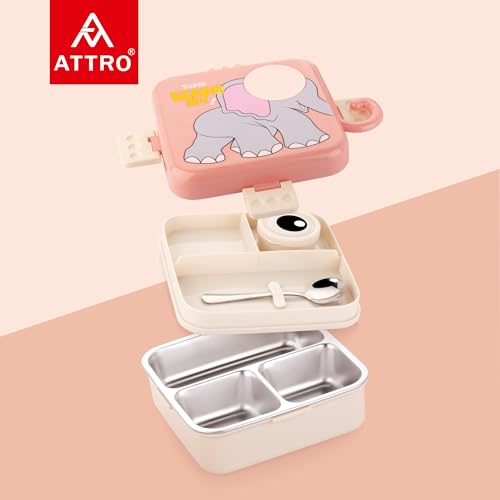 Image of ATTRO Carnival Super Elephant Lunch Box 2 Layer Stainless Steel Lunch Box Comes with 1 Detachable Tray, 1 Small Container & 1 Spoon Ideal for Kids BPA Free 1120ml+70ml- Peach