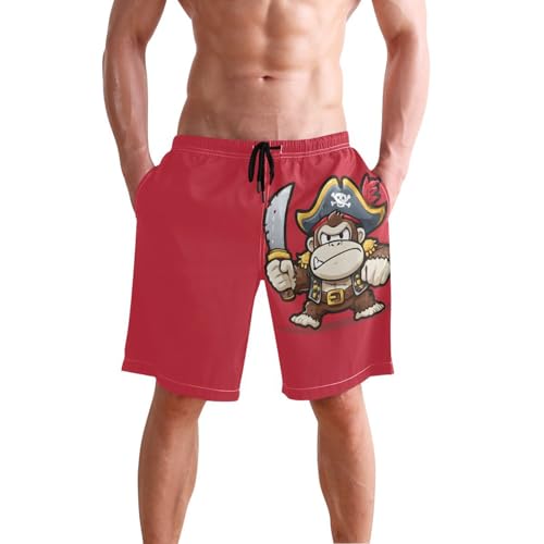 Men's Swim Trunks Pirate Gorilla Print, Quick Dry Beach Board Shorts with Lining-S