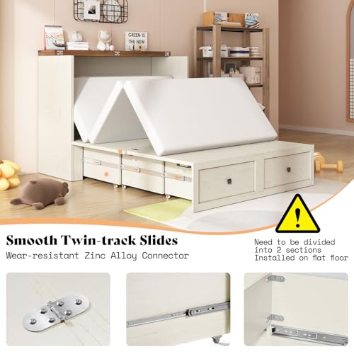 Image of AMERLIFE Full Murphy Bed with Storage & Charging Station, Farmhouse Murphy Cabinet with Foldable Panel, Noisy Free, for Guest Bedroom, Living Room, Office, Distressed White