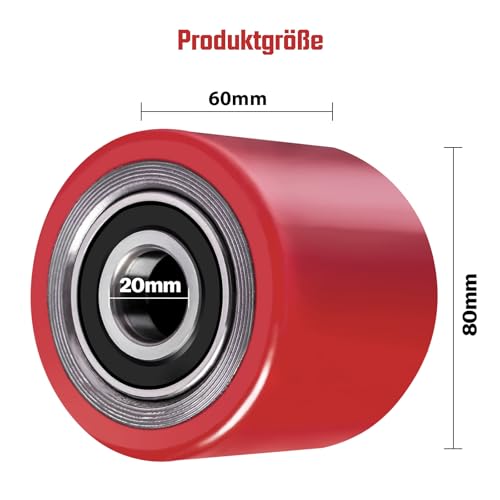 4 Stück Hubwagenrollen Polyurethan 80 x 60 mm, Achse 20 mm inkl. Kugellager Rollen für Hubwagen Ersatzrollen, Max. Belastung 550 KG