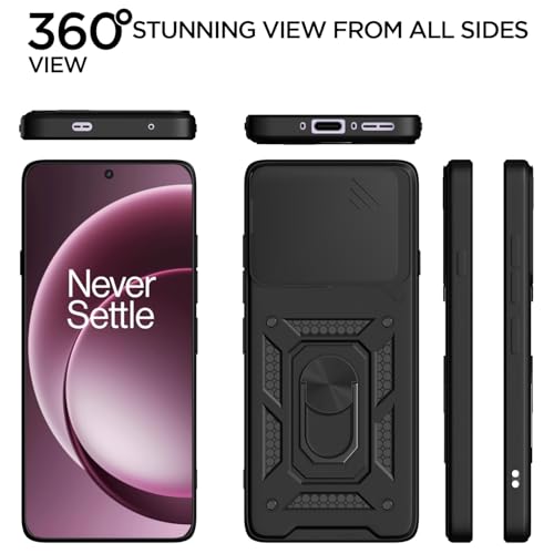 Image of Pikkme Back Cover for OnePlus 15 5G | 360 Protection Case | Sliding Camera Shield Cover & Ring Holder Stand D10 Tough Armor Bumper Case (Black)