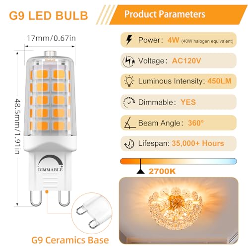 Image of BAOMING Dimmable G9 LED Bulb 4W T4 2700K Soft Warm White 12Pack 120V | 40W Halogen Equivalent T4 No Flicker, 450LM, Ceramic Base Perfect for Chandelier, Ceiling Fan, Cabinet