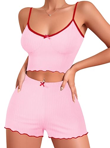 Image of Hilinker Womens Graphic Print Ribbed PJ Set Crop Cami Tops and Shorts Cute Pajamas Set