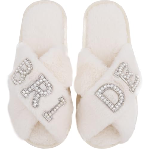 Bride Slippers for Wedding Day, Bride To Be Bridal Shower Gift for Women Bridesmaids, Personalized BRIDE Pearl Letter Open Toe Fuzzy Flip Flops, Getting Ready Outfit, Bachelorette Party