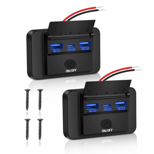 2 Pack 3 Ports RV USB Outlet with Cap,12V/24V Wall Mount Car USB Socket Charger Panel with Switch PD3.0 Type-C & Dual Quick Charge QC3.0 USB for Cars,Trucks, Boats,Truck,Bus