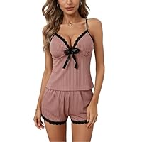 Satohom Damen Sommer Pyjama-Set,Komfort Nachtwäsche Loungewear V-Ausschnitt mit Spaghettiträgern,Frauen Pyjamas Negligee Kurz 2 Teiliges Schleife Nachtwäsche Unterwäsche Leibchen Shorts für Damen