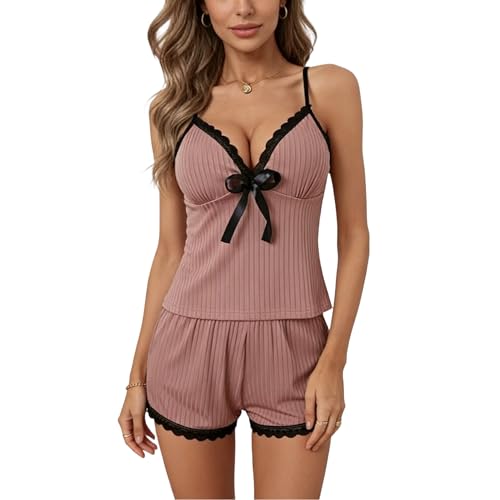 Satohom Damen Sommer Pyjama-Set,Komfort Nachtwäsche Loungewear V-Ausschnitt mit Spaghettiträgern,Frauen Pyjamas Negligee Kurz 2 Teiliges Schleife Nachtwäsche Unterwäsche Leibchen Shorts für Damen