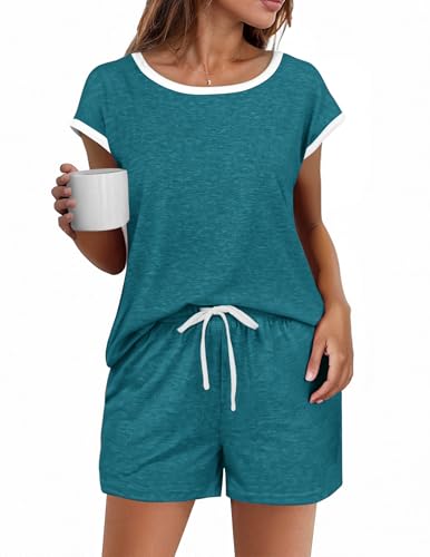 Image of Ekouaer Womens Pajamas Set 2 Piece Short Sleeves PJs O Neck Tops and Drawstring Waist Shorts Soft Lounge Set