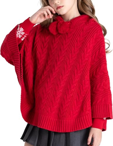 Image of BOBOYOYO Cape for Girls Hooded Cable Knit Poncho Sweaters Kids Shawl