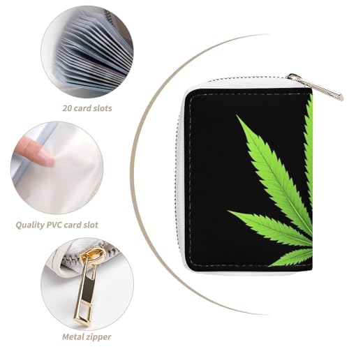 Women's Portable Card Holder Wallet, Pu Leather Credit Card Organizer Bag with 20 Slots Just Smoke Green Weed Leaf Leaves Black Zipper Slim Coin Purse4