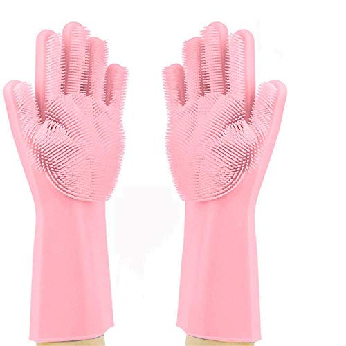 Preisvergleich Produktbild HeWan Handschuhe Reinigen-Wiederverwendbare umweltfreundliche Handschuhe mit Waschmittel, hitzebeständigen Reinigungshandschuhen für Küche, Auto, Obst, Badezimmer und Tierhaare, Rosa