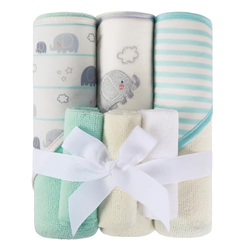 Image of Softan Baby Hooded Towels and Washcloths Set 6 Pack, 28x28 Ultra Soft & Absorbent Baby Bath Towels for Newborn Infant Toddler, Unisex Boys Girls (Green Elephant)