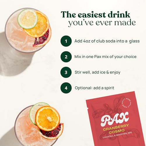 PAX Cranberry Cosmo Mocktail & Cocktail Mixers - 12 Cocktail Mix Packets - Natural, Zero Calorie Drink Mixes for Cocktails with Electrolytes - Zero Sugar, Gluten Free Skinny Mixers for Non Alcoholic Drinks - 12 Pack