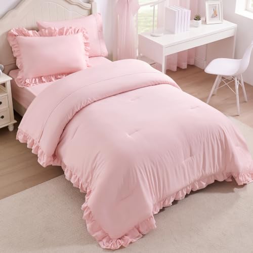Image of Twin Comforter Set for Girls, Boho Bedding Comforter Sets, 4 Pieces Double Ruffles Comforter Sets with Comforter, Fitted Sheet, Flat Sheet and Pillowcase, Pink
