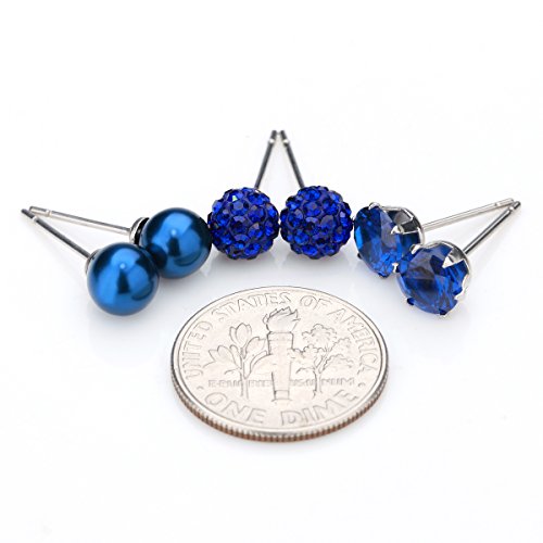 JEWELRIESHOP Birthstone Studs Earring Set Cubic Zirconia Rhinestones Crystal Ball Faux Pearl Stainless Steel Stud Earrings for Women Girl Jewelry Gift (6mm Round,3 Pairs)3