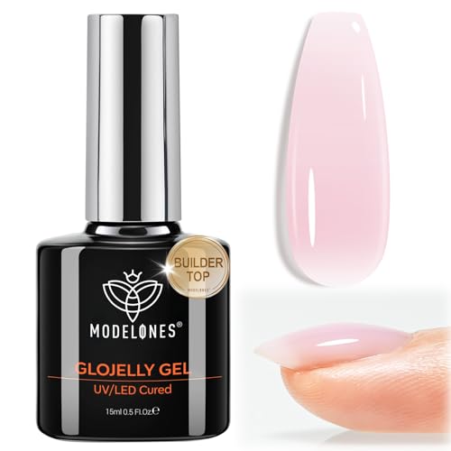 modelones Builder Nail Gel Top Coat 15 ML No Wipe Ultra Gloss Milky Pink Gel Polish Apex Building Nails Strengthener Extension Jelly Color Nail Art Long Lasting Soak Off U V Manicure Gift for Women
