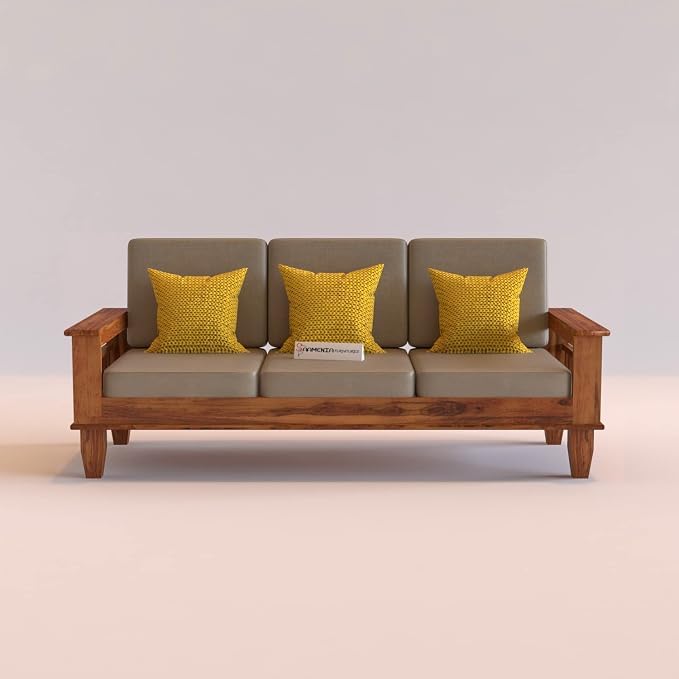 Image of Sheesham Wooden 3 Seater Sofa for Living Room | Rosewood 3 Seater Cushion Sofa with Side Newspaper Holder for Home & Office | Solid Wood Sofa Set for Lounge (Honey)