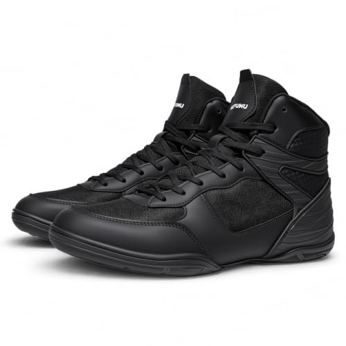 Mens Wrestling Boxing Shoes - Wide Youth Mid Top Fitness Boots, Black, Men's Size 8.5