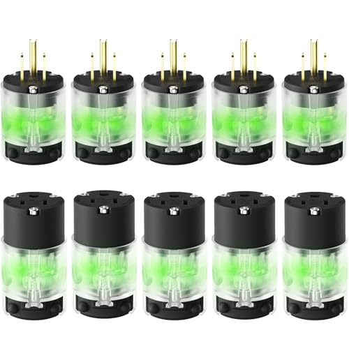 EPLESFTON 5 Set Lighted Extension Cord Ends 15A 125V Extension Cord Replacement Ends 3 Prong NEMA 5-15P & 5-15R  Male & Female Repair Kit for Generator RV Welding Equipment UL Listed Black