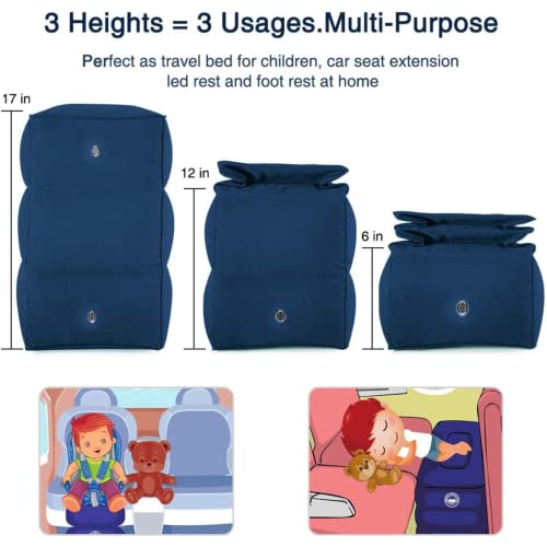 Image of Inflatable Travel Foot Rest Pillow - 3-Layer Adjustable Height Leg Rest for Airplane, Car, Office & Toddler Flight Seat Extender - Soft Flocked PVC, Portable with Pump & Dust Bag (Pack of 2, Blue)