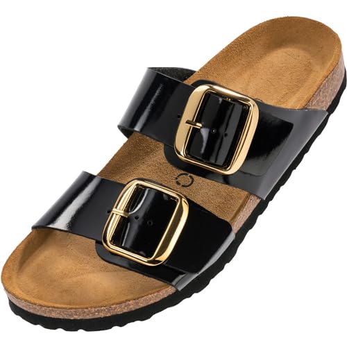 Palado Pantoletten Damen Samos GS - bequeme Sandalen Made in Spain - Hausschuhe mit dämpfendem Kork-Fußbett - modische Sommerschuhe Lack Schwarz UK8 - EU41