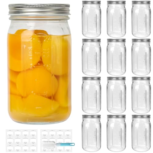 DHSBTLS 32 oz Glass Mason Jars, 12 Pack Wide Mouth Glass Canning Jars with Silver Aluminum Lids and Bands, Airtight Jars for Food Storage, Canning, Overnight Oats, Fermenting, Pickling, Decor