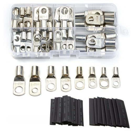 Image of 140-Piece Tin Plated Copper Ring Lug Terminal Kit With Heat Shrink Tubing, Assorted SC6–SC25 Sizes In Storage Box, for ideal For Marine & for battery Cable Crimping And Soldering Connections
