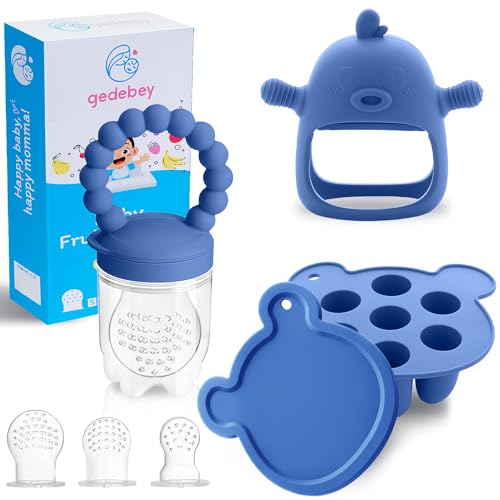 Image of Baby Fruit Feeder & Breastmilk Popsicle Mold Set – 3 Pack Silicone Teething Relief Kit with Food Feeder Pacifier, Freezer Tray with Lid & Baby Teether (Steel Blue)