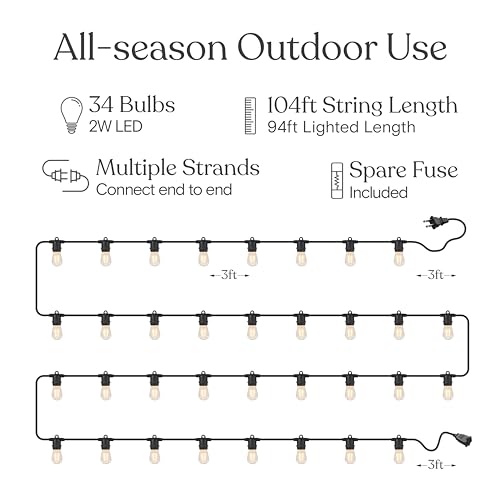 Brightech Ambience Pro 105Ft LED String Lights - 1W Commercial Grade Patio Lighting Outdoor Waterproof - Heavy Duty Dimmable Vintage Edison Porch Lights for Outside, Backyard - 34 Bulbs, Soft White