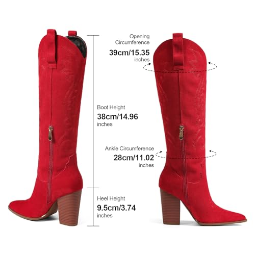 Image of VOMIRA Knee High Cowboy Boots for Women Pointed Toe Chunky High Heels Pull-on Embroidered Boots Western Boots Wide Calf Cowgirl Boots